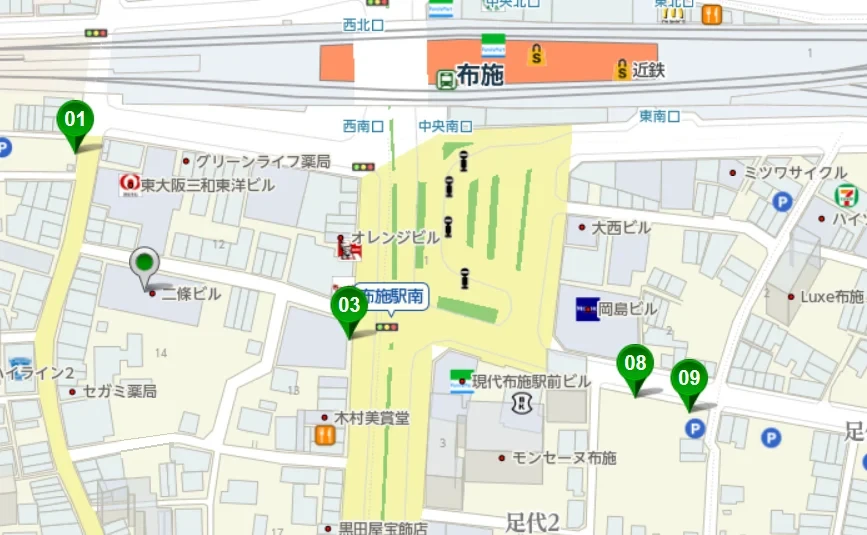 事務所周辺の駐車場の地図(布施駅の南側)